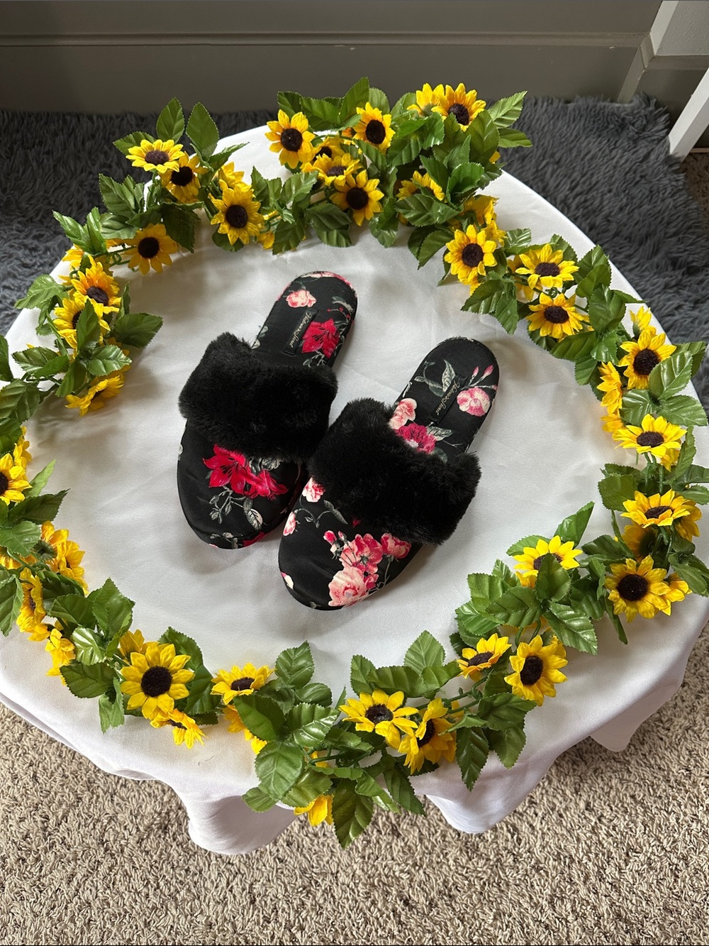 Victoria's Secret Black Floral Faux Fur Slide Slippers